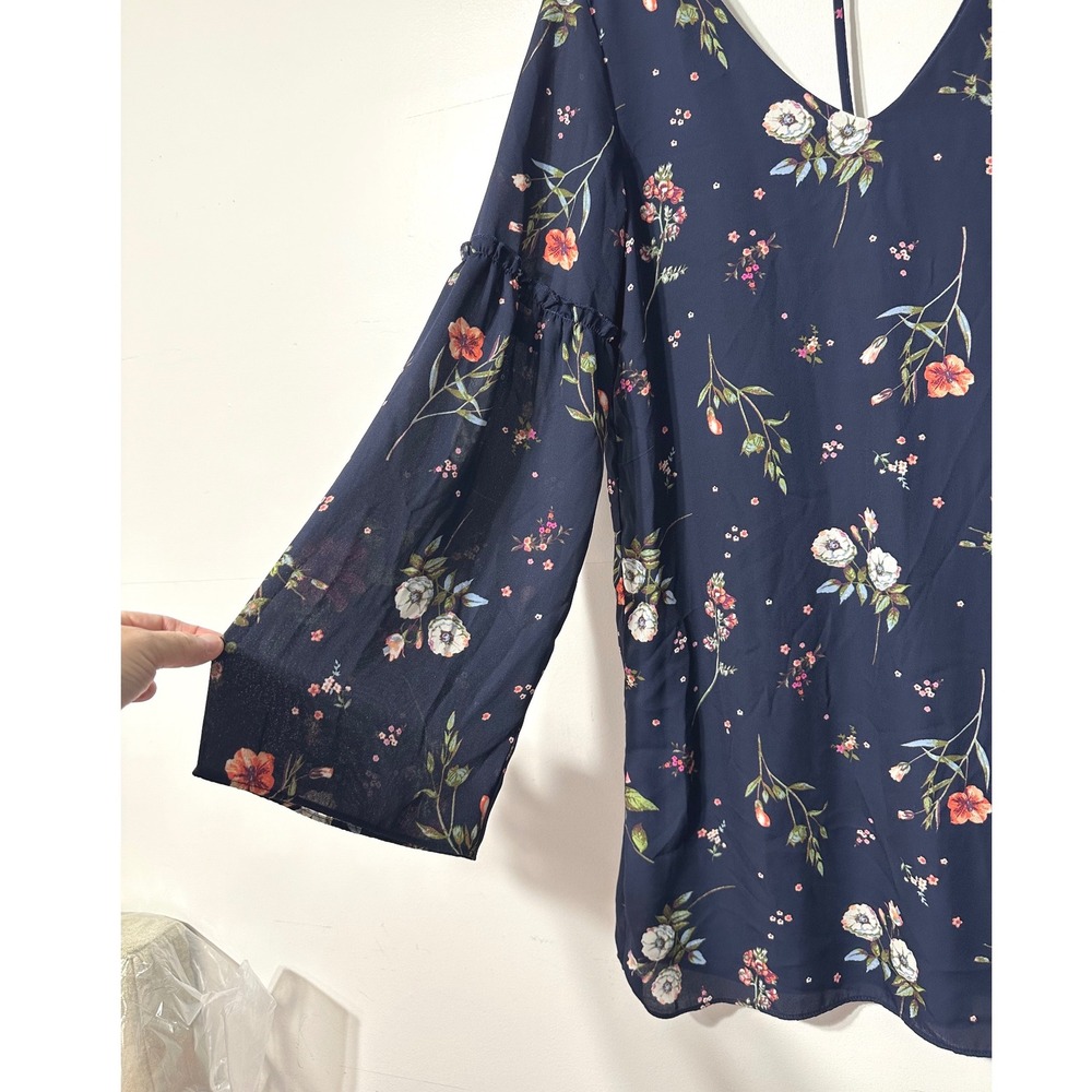 C Wonder Floral Mini Dress Womens Navy Blue Bell Sleeve Boho V-Neck M - Picture 3 of 5